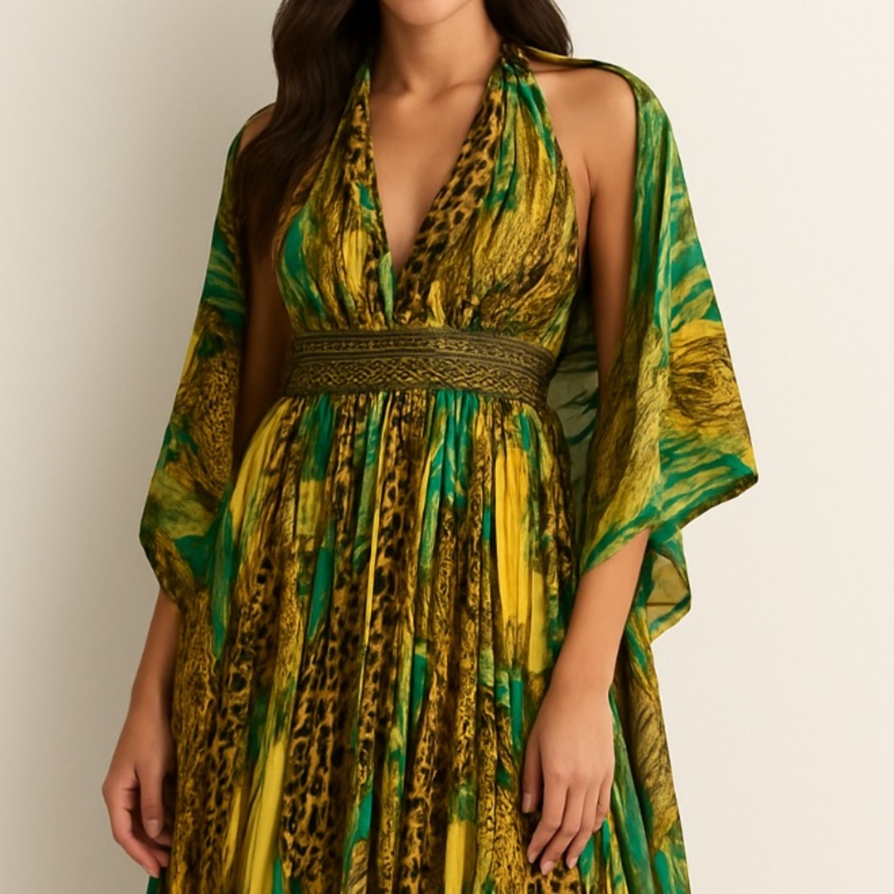 BICICI. Vibrant Multicolor Halter Maxi Dress with “matching shawl/wrap.”
Size. L - Picture 12 of 16